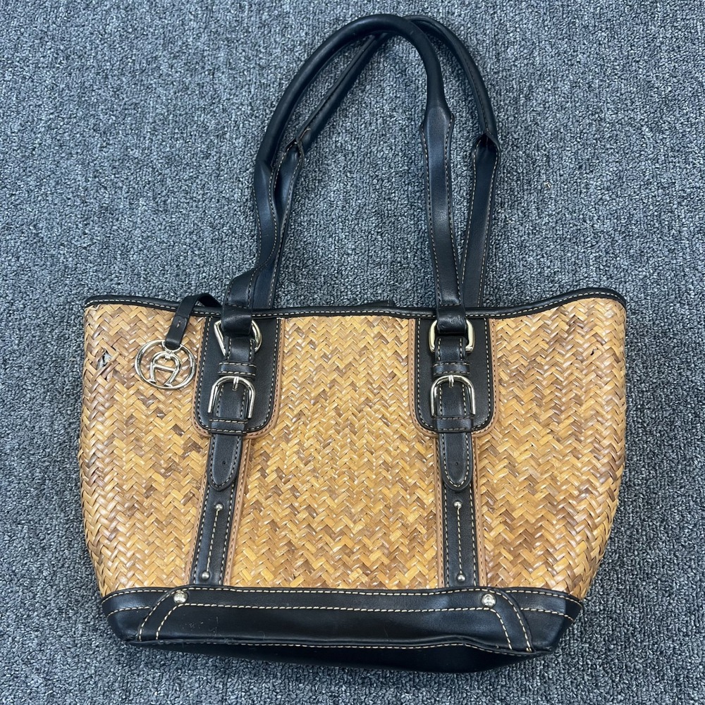 Etienne Aigner Vintage Boho Woven Straw Leather Trim Tote Bag Brown Black Medium
